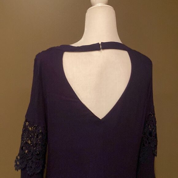 Altar’d State Navy MIDI Dress Crocheted Sleeves Size Large Bell Sleeves - Picture 5 of 13